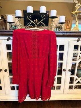 Red Lace-Trim Long Sleeve Women's Dress